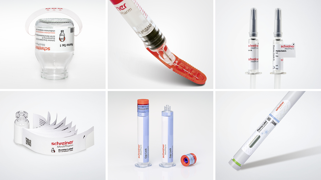 Mosaic image with Schreiner MediPharm products Hanger-Label, Needle-Trap, Pharma-Comb, Booklet-Label, Cap-Lock RFID, Autoinjector-Label.