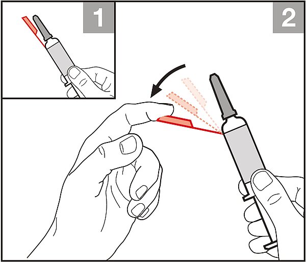 [Translate to en:] Anwendung Needle-Trap: Zuerst klappt man den roten Nadelschutzfänger etwa 90 Grad zur Seite.