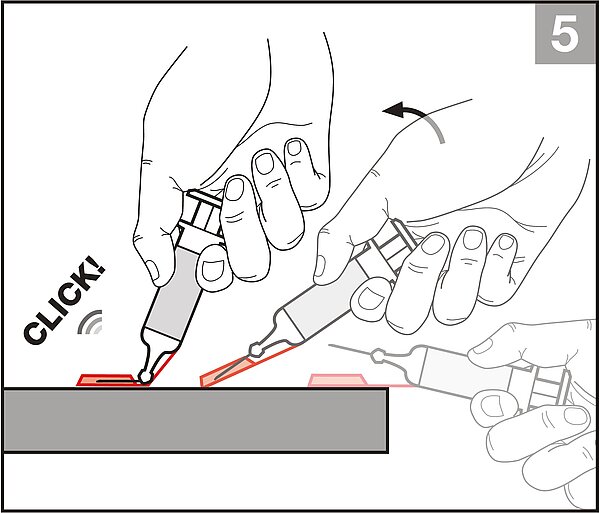 Anwendung Needle-Trap: Die Nadel wird gesichtert indem der Fänger auf eine feste Fläche aufgesetzt und anschließend heruntergedrückt wird.