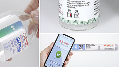 Schreiner MediPharm Produktportfolio an Etiketten zum Fälschungsschutz und Echtheitsnachweis.