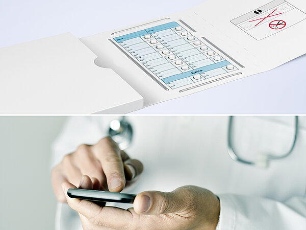 The doctor checks on the smartphone that the medication is being taken correctly from the tablet blister.