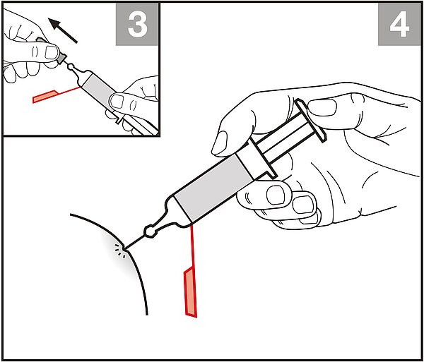 [Translate to en:] Anwendung Needle-Trap: Erst danach wird die Kappe entfernt und die Injektion wie gewohnt verabreicht.