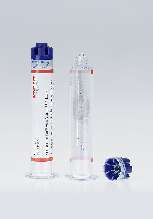 The Cap-Lock Label from Schreiner MediPharm wraps around the syringe and cap, irreversibly indicates first opening, and additionally offers a digital first-opening indication due to an integrated RFID chip. 