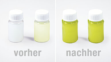 Vorher-/Nachher-Vergleich von mit Spezialfolie verblindeten Vials.