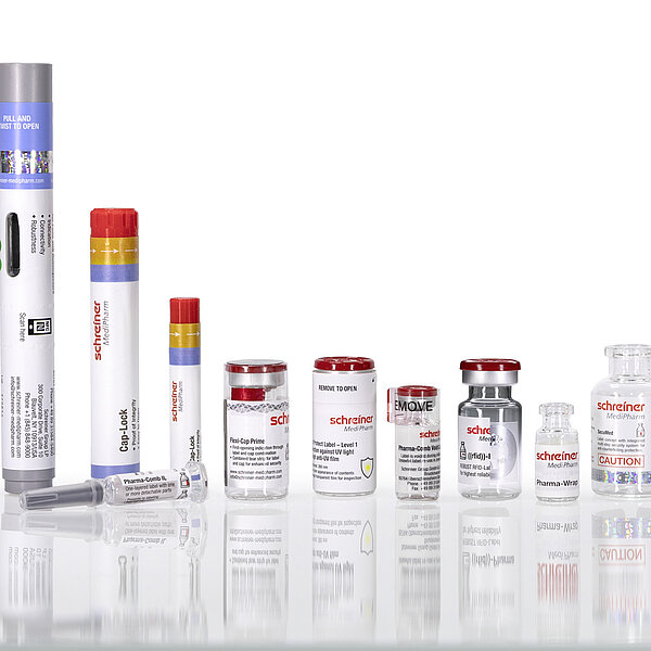 Produktportfolio von Schreiner MediPharm an smarten Labels und RFID- und NFC-Pharmaetiketten für Pens, Autoinjektoren, Spritzen, Vials und Fläschchen.