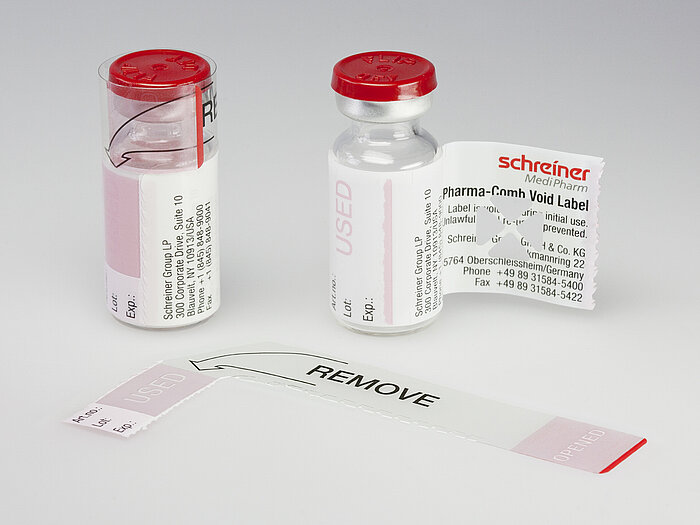 Pharma-Comb Void multi-part documentation label with integrated hidden lettering and security die-cuts.