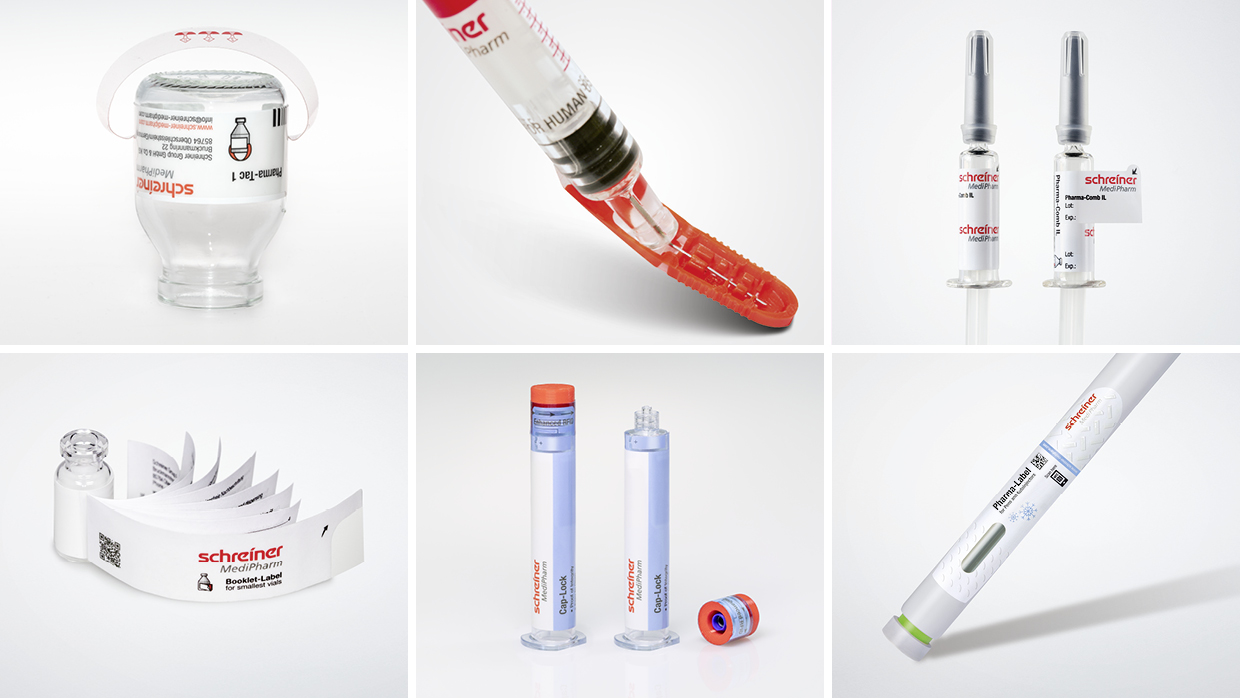 带有 Schreiner MediPharm 产品如 Hanger-Label、Needle-Trap、Pharma-Comb、Booklet-Label、Cap-Lock RFID、Autoinjector-Label 的马赛克图象。