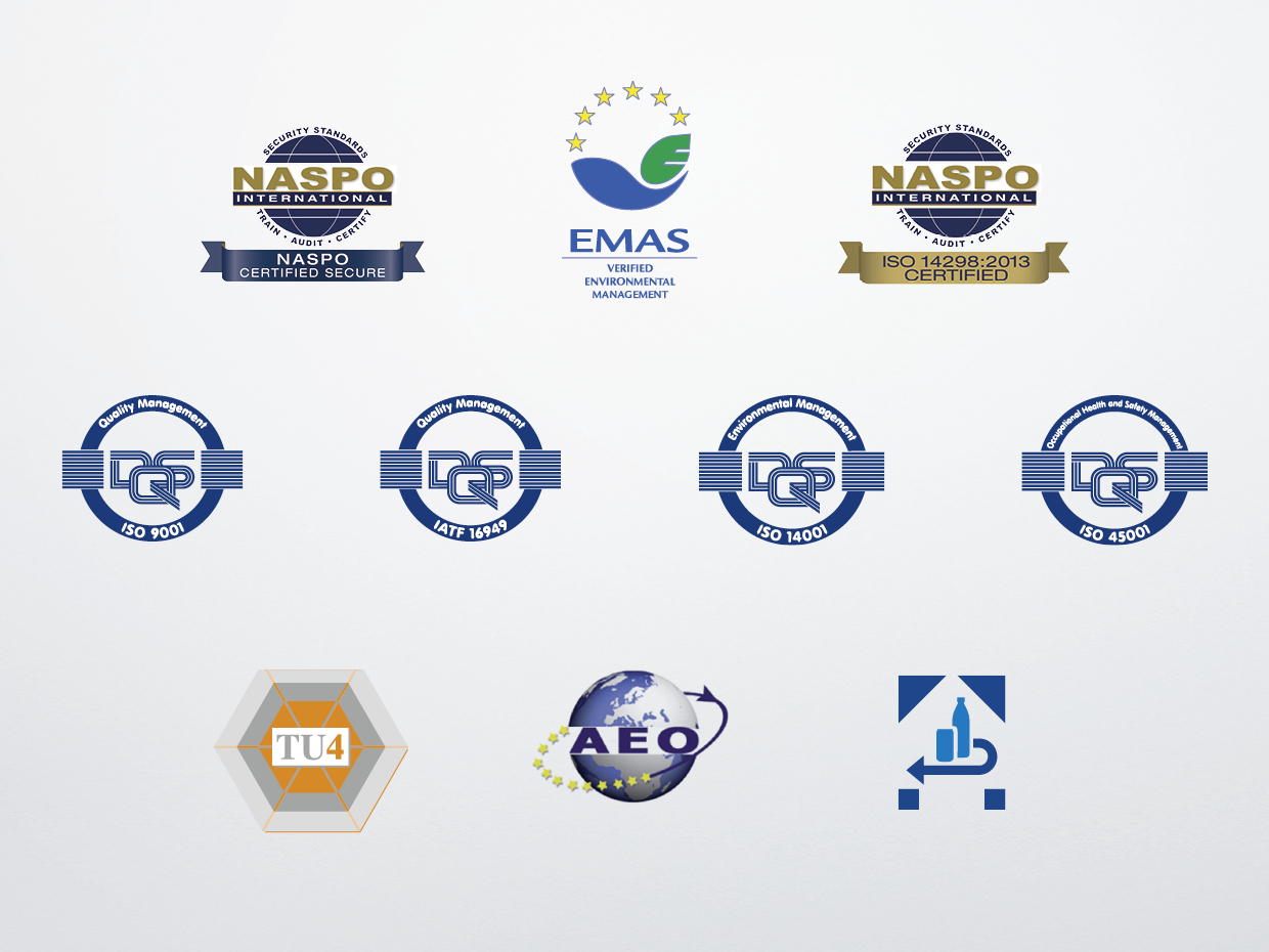 Schreiner Group's certifications: Our management system is certified according to the regulations of ISO 9001, IATF 16949, ISO 14001, EMAS, ISO 45001, NASPO International, ISO 14298, TÜViT TU4 and DPG.