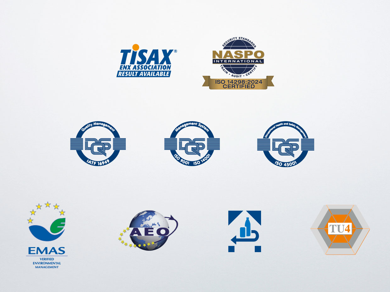 Schreiner Group's certifications: Our management system is certified according to the regulations of ISO 9001, IATF 16949, ISO 14001, EMAS, ISO 45001, NASPO International, ISO 14298, TÜViT TU4 and DPG.