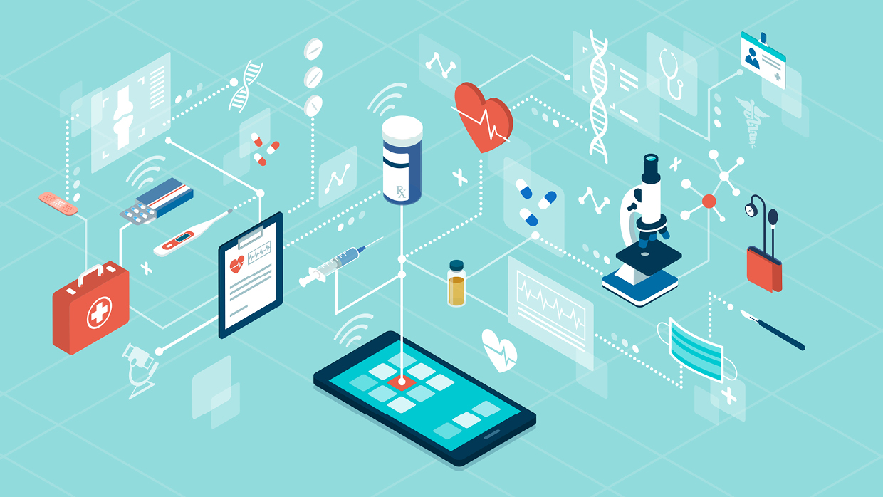 Illustration zur Digitalisierung der verschiedenen Einsatzgebiete in der Healthcare-Industrie.