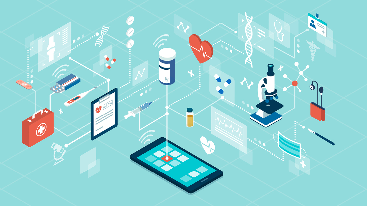 Illustration of the digitization of the various fields of application in the healthcare industry.