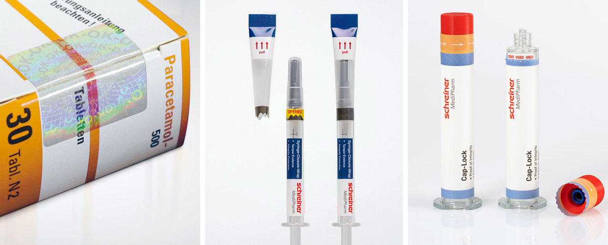 Schreiner MediPharm Produktportfolio an Etiketten zur Erstöffnungsanzeige und zum Manipulationsschutz für Faltschachteln, Spritzen und Vials.
